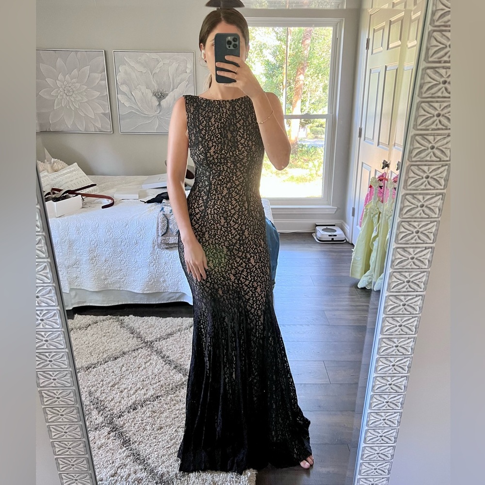Jovani Lace Over Nude Linen,  Evening Gown (BLACK), 2